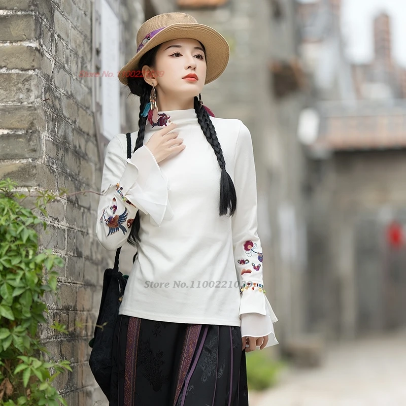 2025 chinese traditional t-shirt national flower embroidery shirt vintage hanfu tops ethnic streetwear stand collar base shirt