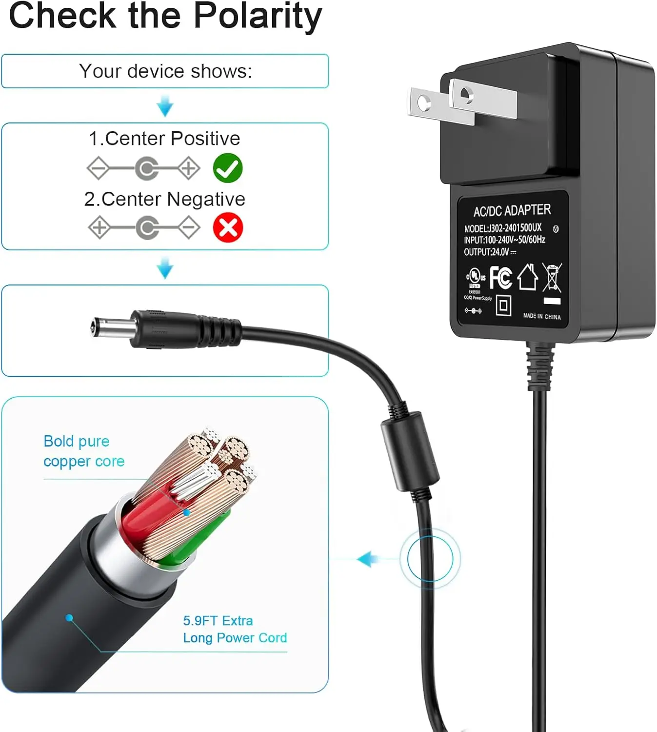 مصدر طاقة 24 فولت 1.5 أمبير، مدرج في قائمة UL، لمصباح الأظافر LED، المجفف، مكبر الصوت، CCTV، أضواء الشريط