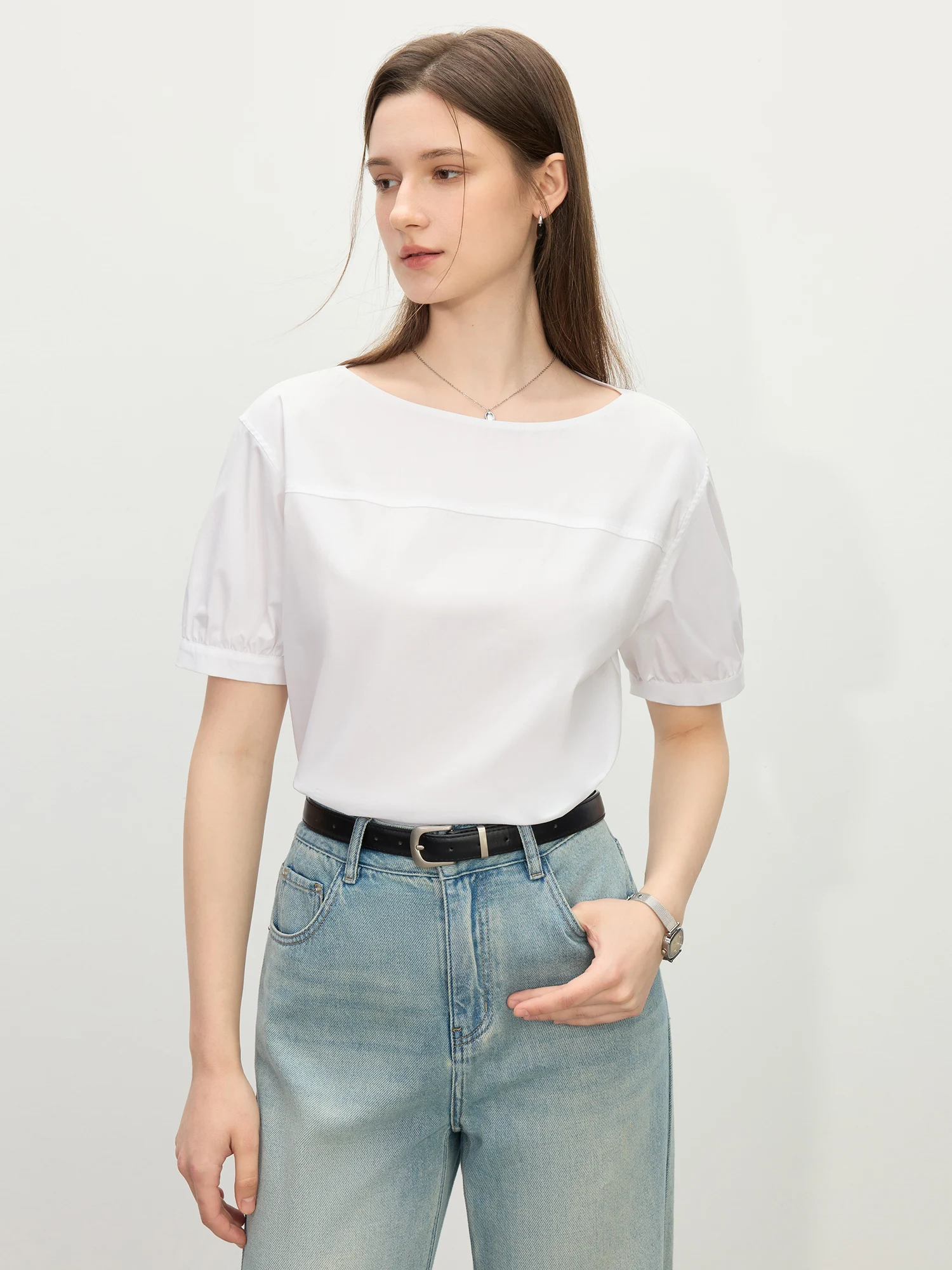 

FSLE MInimalism Style Round Neck Temperament Short-sleeved Shirt Women Summer 2025 New Lantern Sleeve Loose Shirt 25FS12228