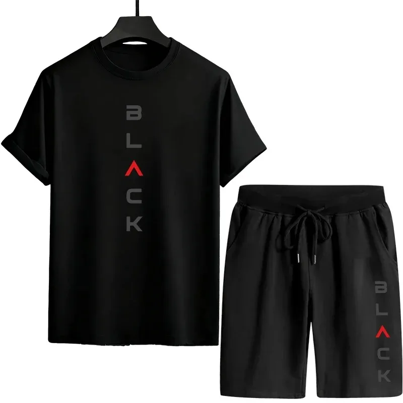 

Black Letter Print Mens Summer Tracksuit Two Piece Set Casual Sportswear Tee and Shorts Comfortable Outdoor Home Wear T-shirts