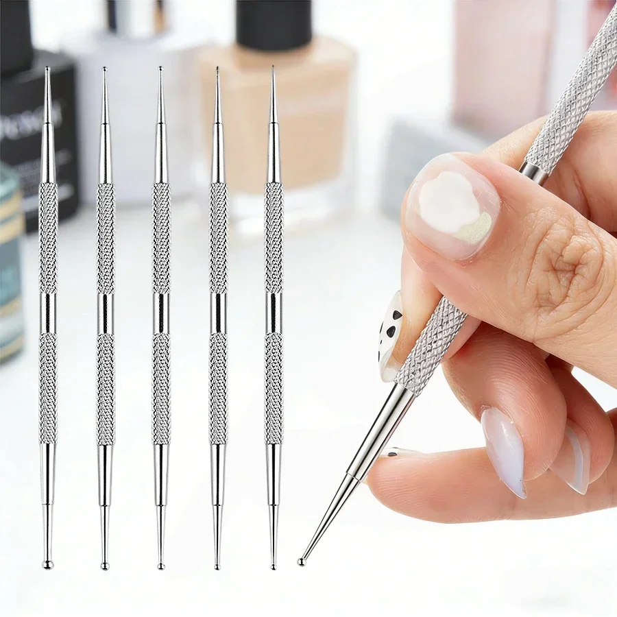 5Pcs Nail Art Dotting Pen Set Dual-Ended Stainless Steel for Rhinestone Crystal Placement Acrylic Manicure Painting Design Tools