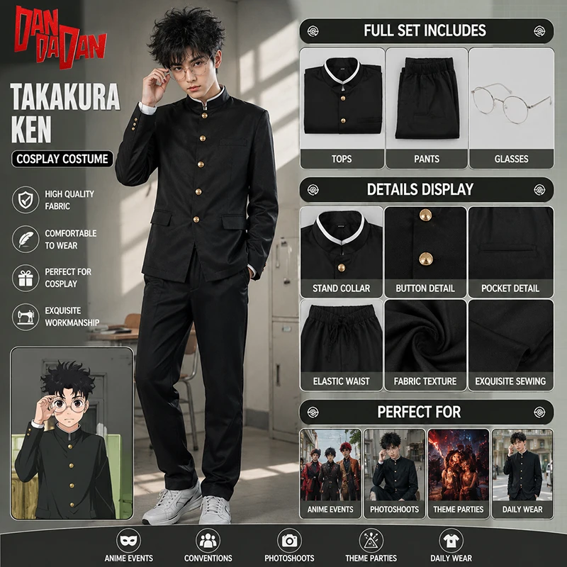 costume-de-cosplay-ken-takakura-uniforme-scolaire-d'anime-dandadan-okarun-veste-noire-pantalon-gakuran-lunettes-jeu-de-role-pour-fete-d'halloween