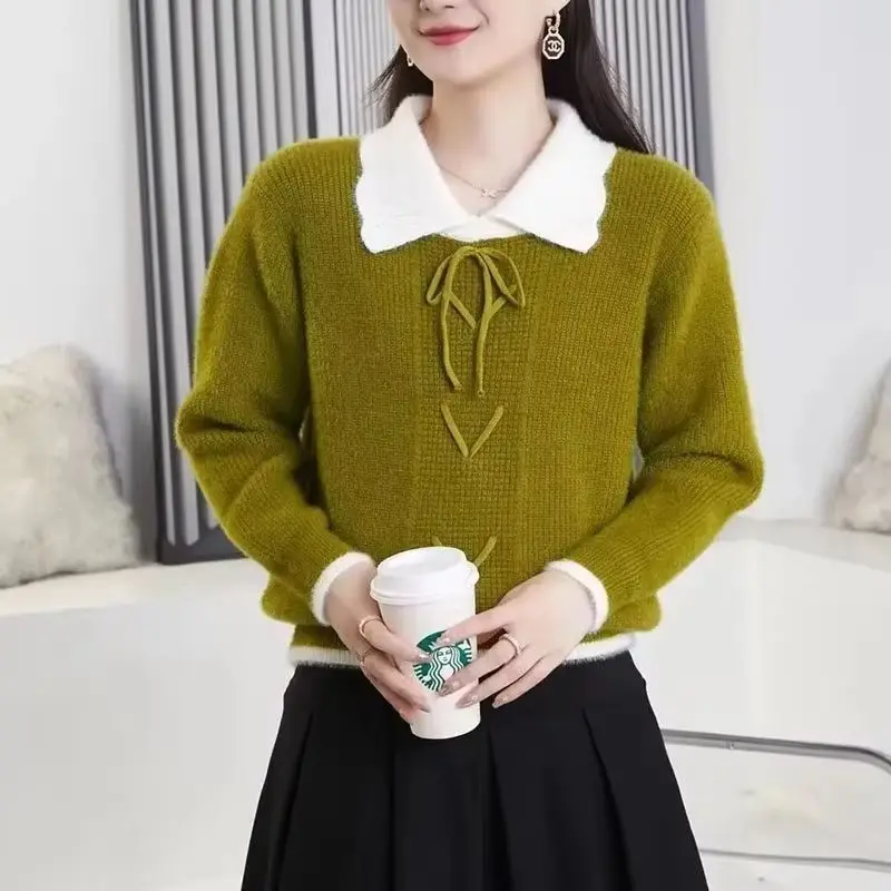 

Spring Autumn Winter New Knitt Pullover Jacket Women Lmitation Mink Plush Stitching Lace Up Bottoming Shirt Sweater Coat Female