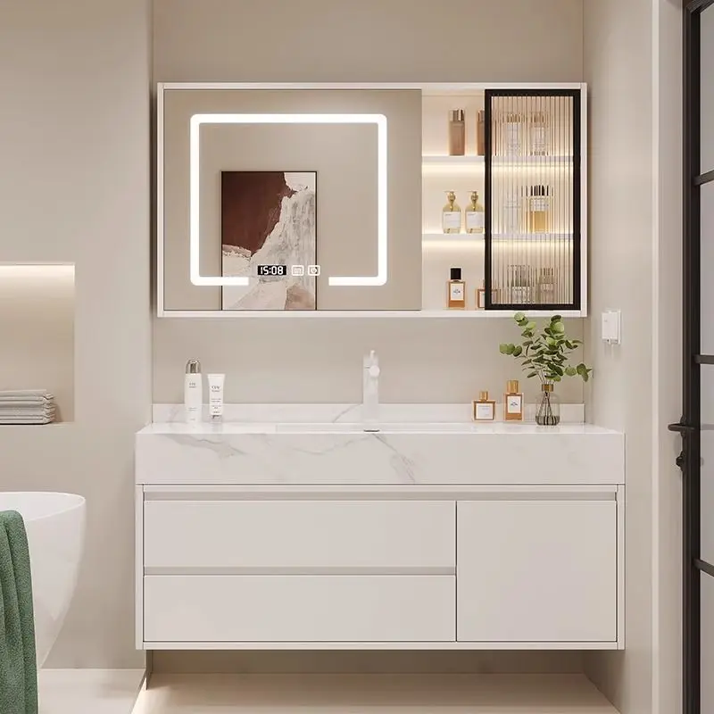 Rock slab ceramic integrated basin, bathroom cabinet mirror cabinet combination, seamless moisture-proof