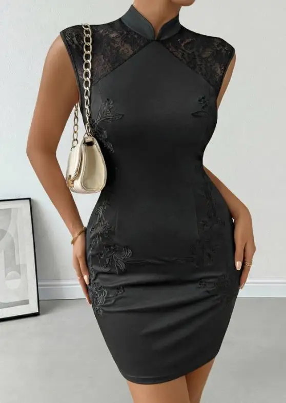 

Summer new three-dimensional embroidery new Chinese style improved qipao sleeveless standing collar lace patchwork dress