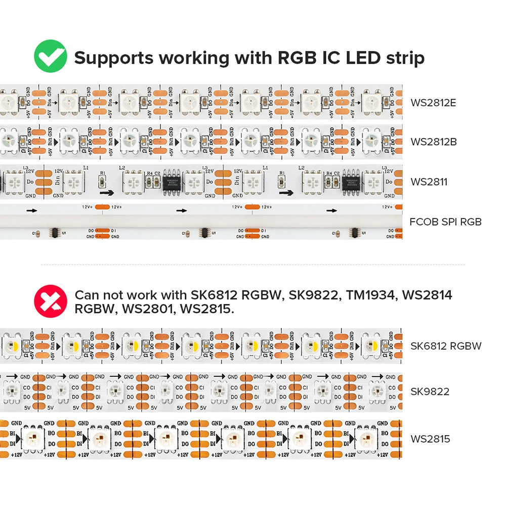 Tuya WiFi SPI LED Controller Alexa Google Home IR44 Keys Remote for WS2811 WS2812 FCOB RGB IC Addressable Strip Light DC5V-24V