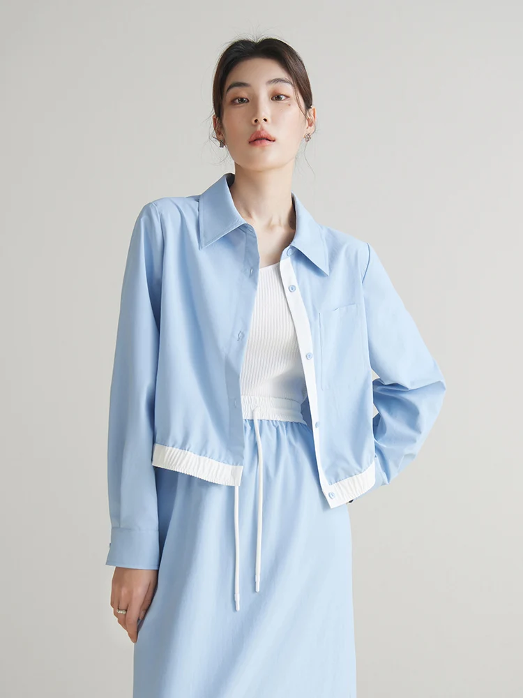 DUSHU Sun Protection Women Long Sleeve Shirt Skirt Set Light Blue Spring Summer Female Shirt Jackets 24DS81288+24DS81289