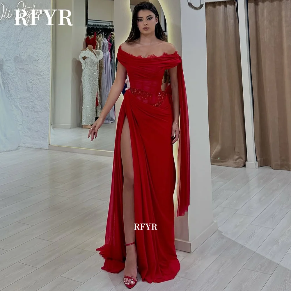 

RFYR Red Prom Dress Off Shoulder Evening Dress Lace Party Dress for Arabic Women Celebrity Gala Dress vestidos Customized