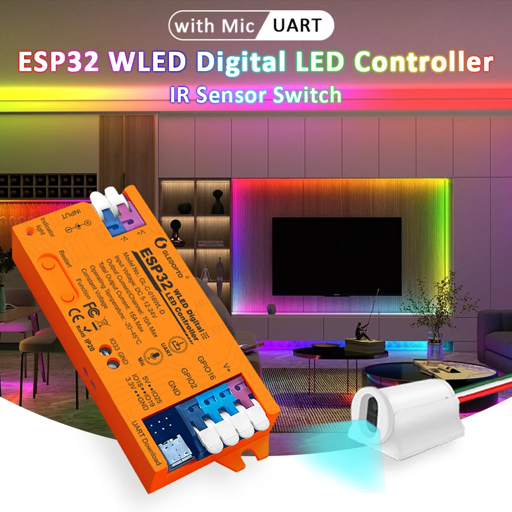 ESP32 WLED RGB Digital LED Controller IR Sensor Switch RGBIC MIC Mode UART Type-C Download Easy Wiring App Control Alexa Voice