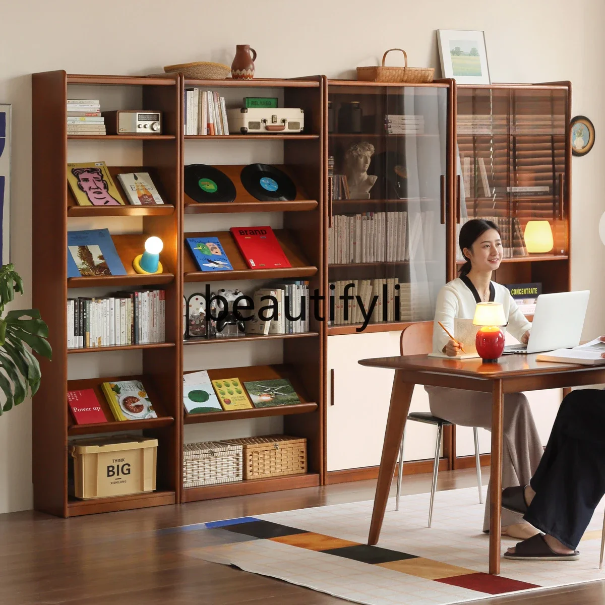 Solid wood bookcase Study antique locker Color matching glass combination display Floor-to-ceiling storage cabinet