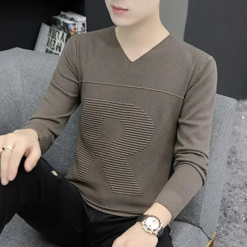 Men's Clothing Letter Solid Color Knit Sweater Male Plain V Neck Beige Pullovers Wool Maletry Elegant Spring Autumn Casual X A