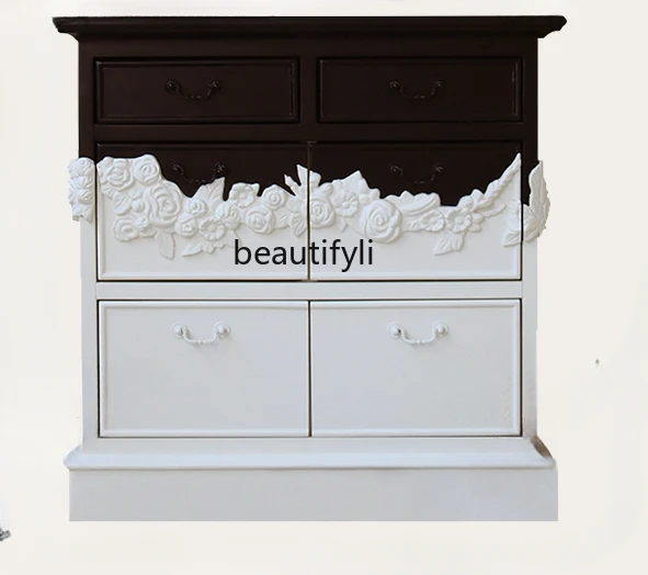 

Vintage Style Chest of Drawers Black and White Contrast Color Solid Wood Chest of Drawer Neoclassical Storage Carved Cabinet