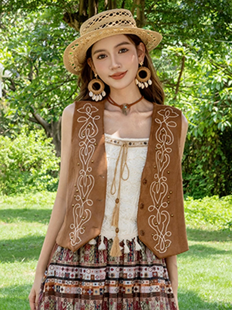 

Retro Brown ort Embroidered Vest Set Women's Summer Travel Casual Wear Ethnic Sle Vest Fem Commute Regular Thin