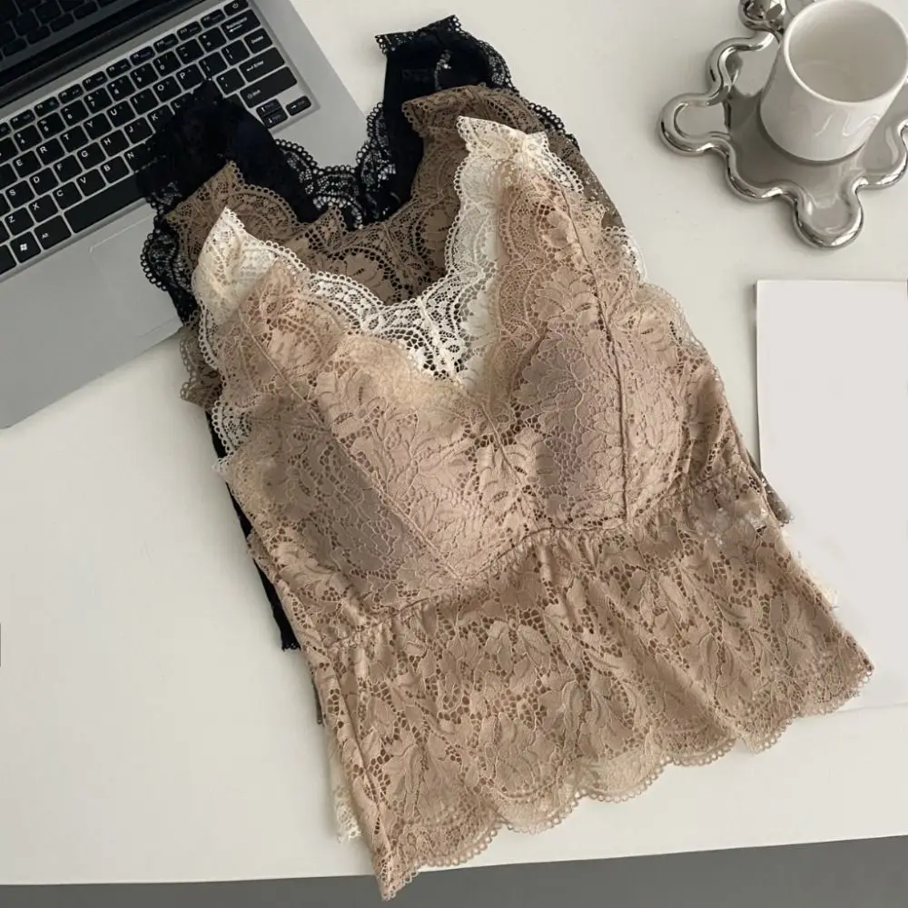 

Sweet Mesh Thin Lace Deep V Camisole Sleeveless Slim Fit Suspender Vest Transparent Undershirt Camisole with Pads Ladies