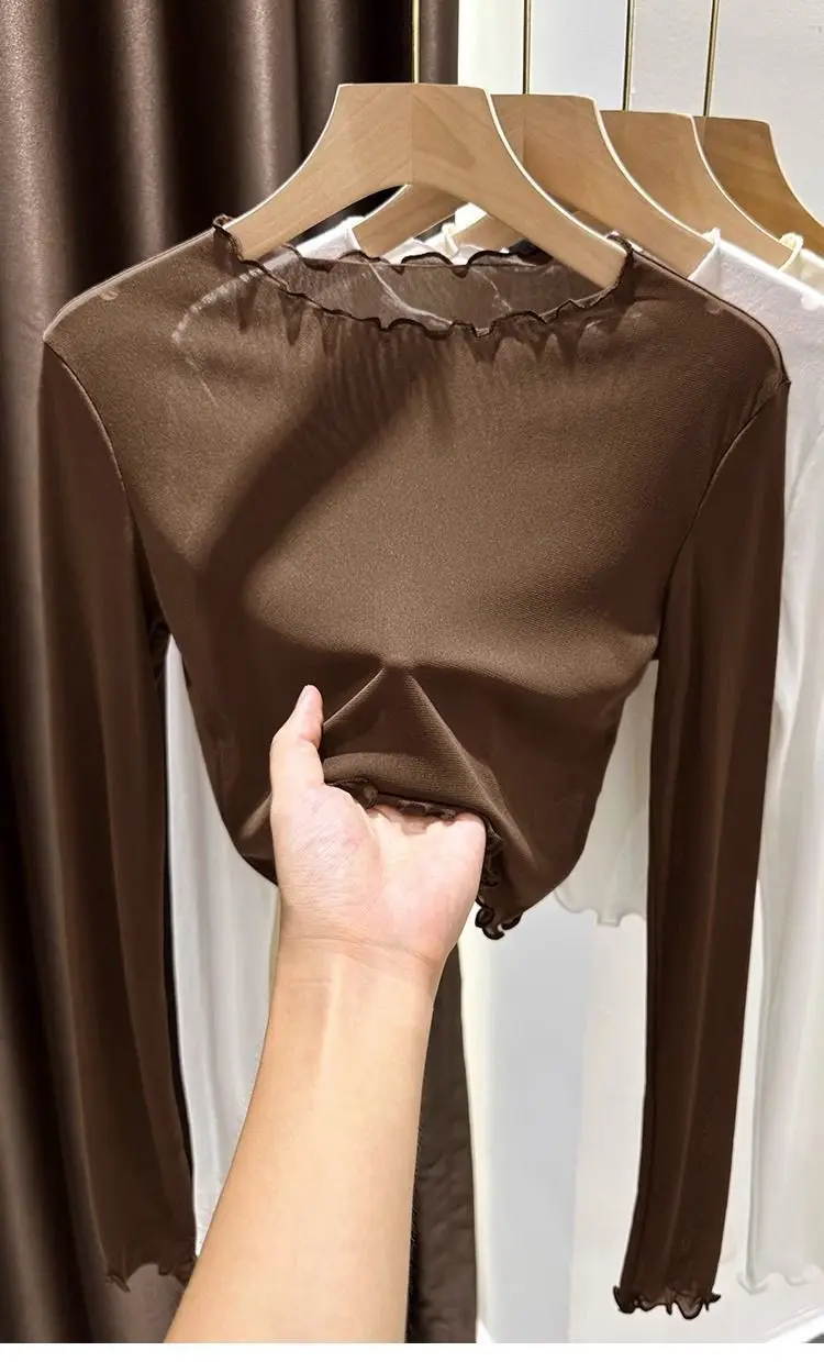 Damen-Oberteil aus kurzem, seidigem Mesh-Stoff, dünne, transparente Sommerbluse mit Rüschen und Spitze, lässiges Innenkleidungsstück, geeignet als Unterhemd oder zum Tragen unter einem Kleid, bietet Sonnenschutz, weiches Oberteil. – Detail 3