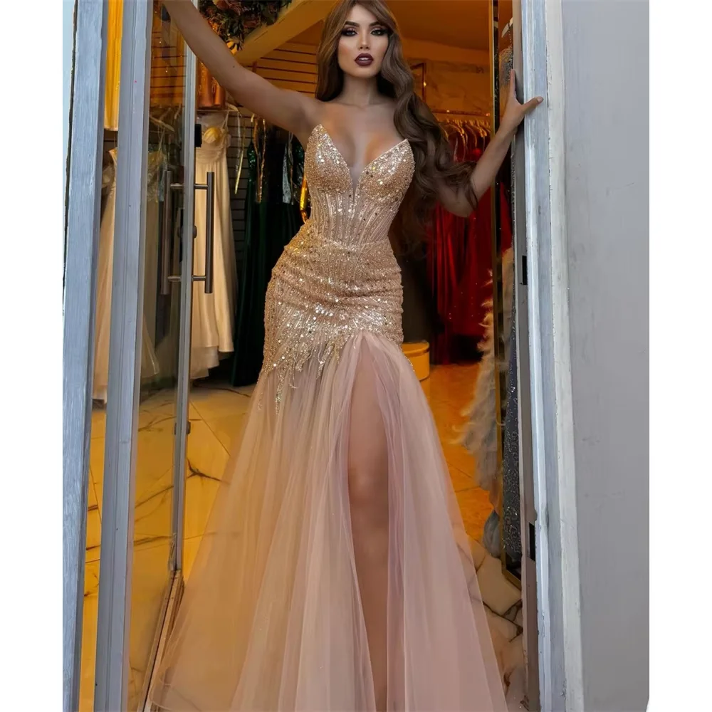 

Strapless Mermaid Prom Dresses Sequined robes de soirée Side High Split Evening Dresses Valentines Day Customized Wedding Dress