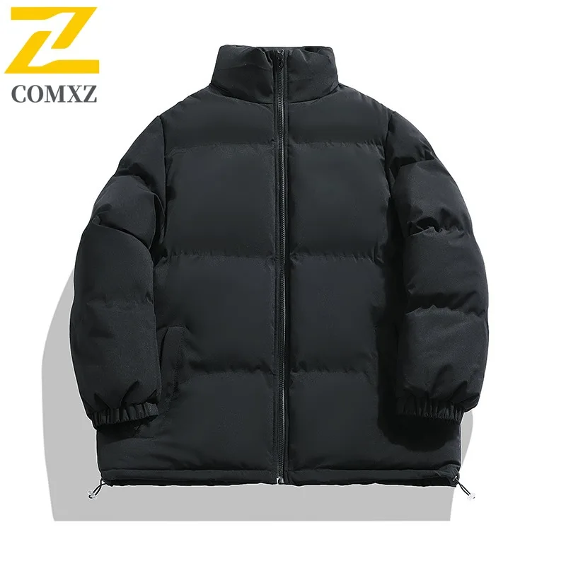 COMXZ 2025 Mens Winter Stand Collar Solid Color Fleece Lined Thick Warm Cotton Jacket Unisex Casual Coat Long sleeve windbreaker