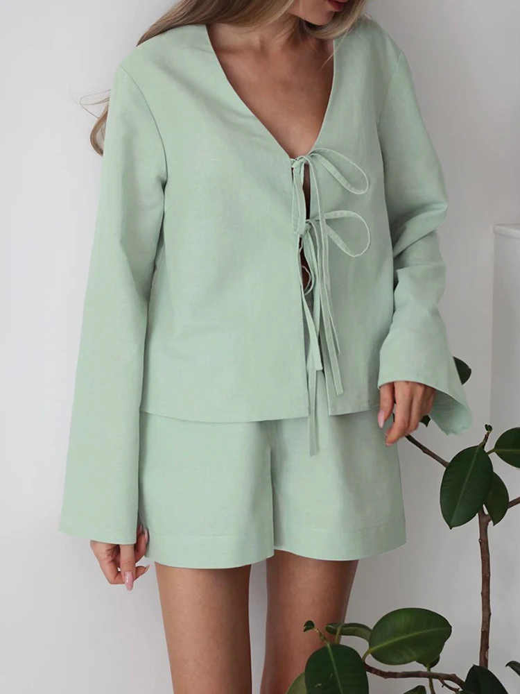 Hiloc Green Pajamas For Women 2 Piece Sets Long Sleeve V Neck Lace Up Sleepwear Female Loose Suits With Shorts Cotton Homewear