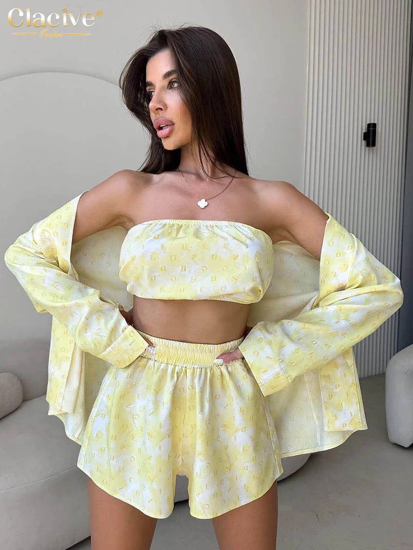 クラシックファッション ルーズプリント レディース3点セット 2025 エレガント長袖シャツ+ハイウエストショートパンツセット 女性用