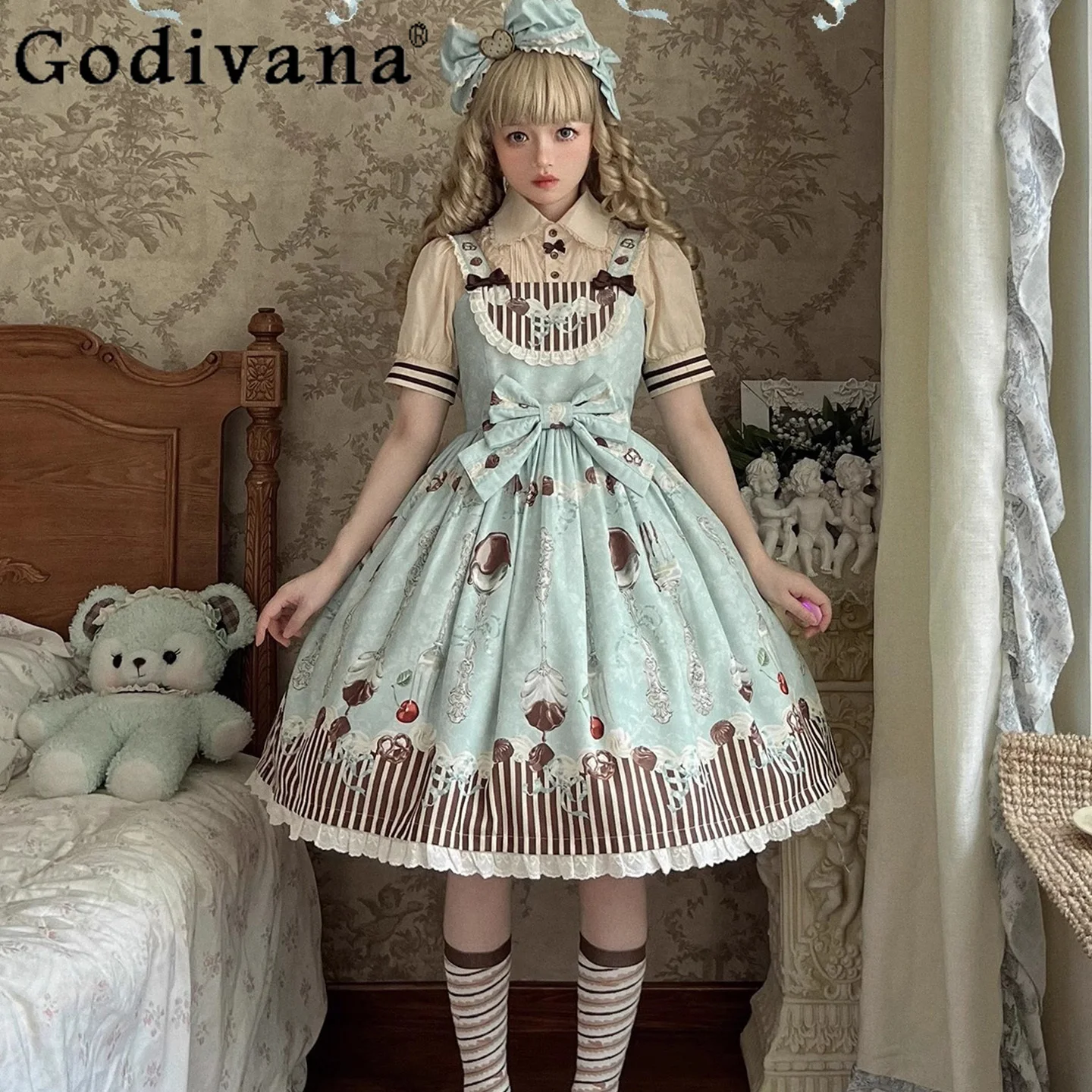 

Large Size Lolita Strap Dresses JSK Girls Cute Bowknot Print Birthday Party Short Dress for Women Daily Lo Y2k Dress Vestidos