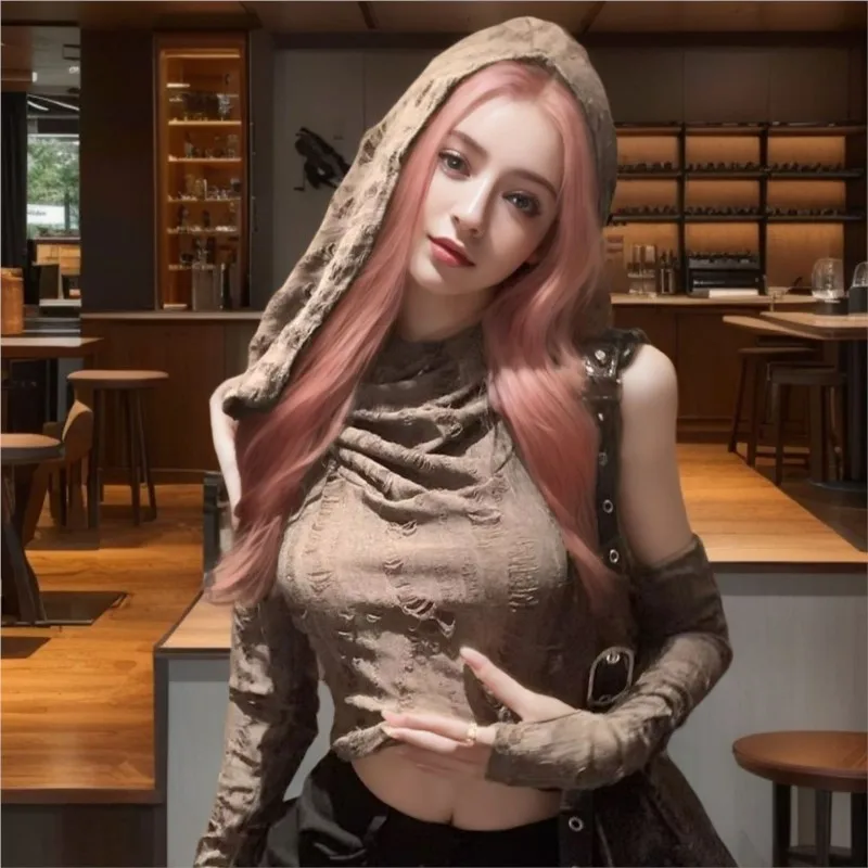 

2025 New Apocalyptic Sweet and Spicy Girl Short Sleeve Top for Women Spring and Summer Ripped Hooded Base T-shirt