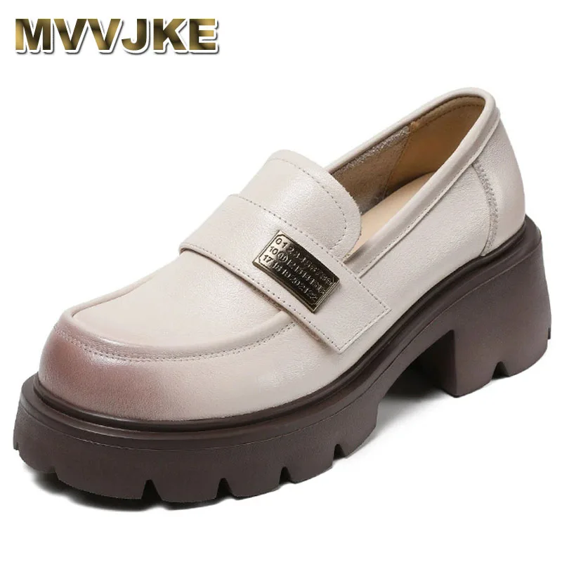 

Genuine Leather Low Top Slip-On Shoes Thick Bottom Flat round Toe Women's Style High Heel Short Boots Spring Summer Shoes