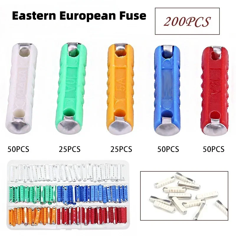 200Pcs European Vintage Car Fuse Kit, Multi Color Torpedo Auto Fuses 5A-25A, Aluminum Assortment Box