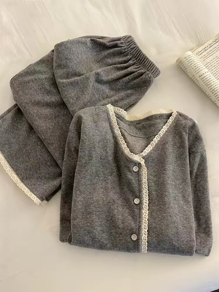 Cashmere Sleepwear Women's Thickened Autumn Winter Home Clothes Long Sleeve round Neck Open Cardigan Style Home Lei...