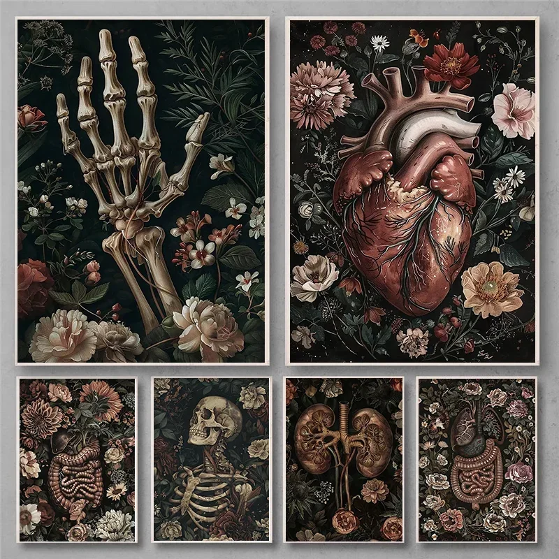 Frameless Canvas PaintingFloral Skeleton Portrait Anatomical Dark Academia Halloween Printable Spooky Decor Vintage Poster Gothi
