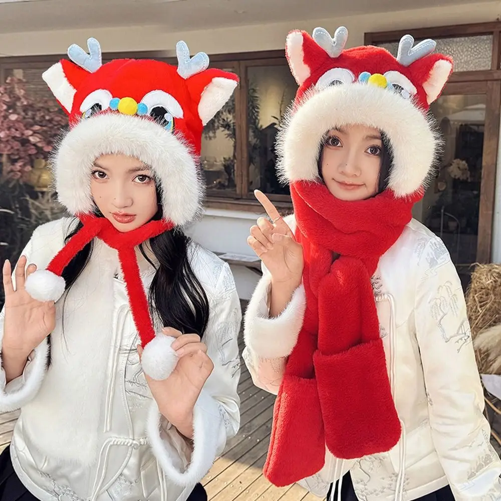 Creative Ear Muffs Lion Dance Beanies Hat Lace Up Tassels New Year Pullover Cap Soft Cute Scarf Gloves Hat New Year Gift