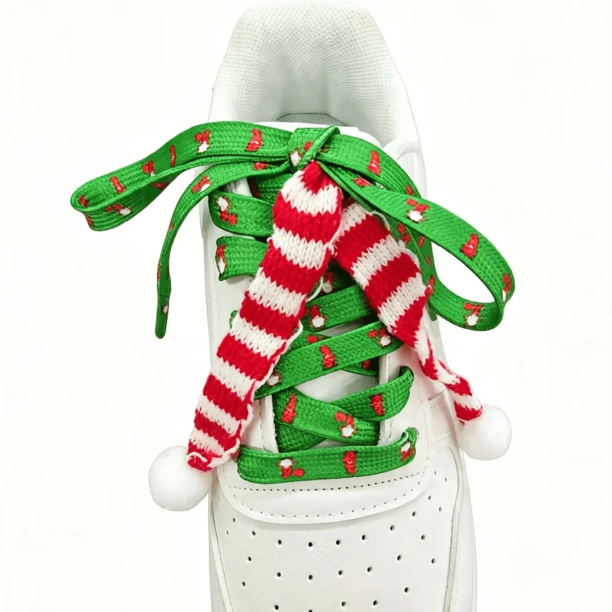 1 Pair 120cm Christmas Green Shoelaces, 2Pcs Red Striped Tassels, Cute Winter Shoe Decor for Christmas Party, Women & Girls