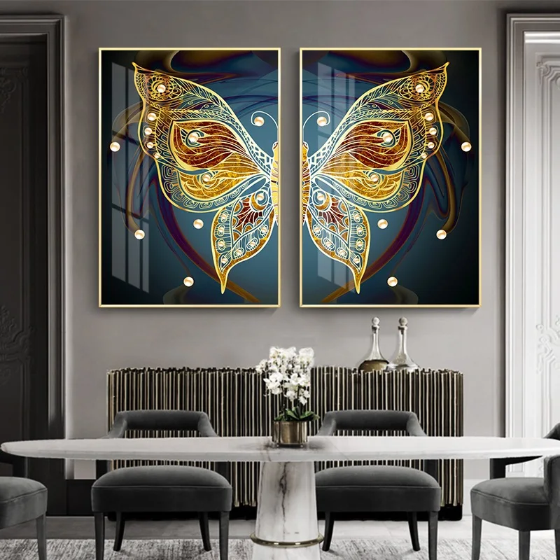 

Modern Light Luxury Golden Leaf Living Room Wall Paintings Plant Crystal Porcelain Murals High-End Restaurant Prints