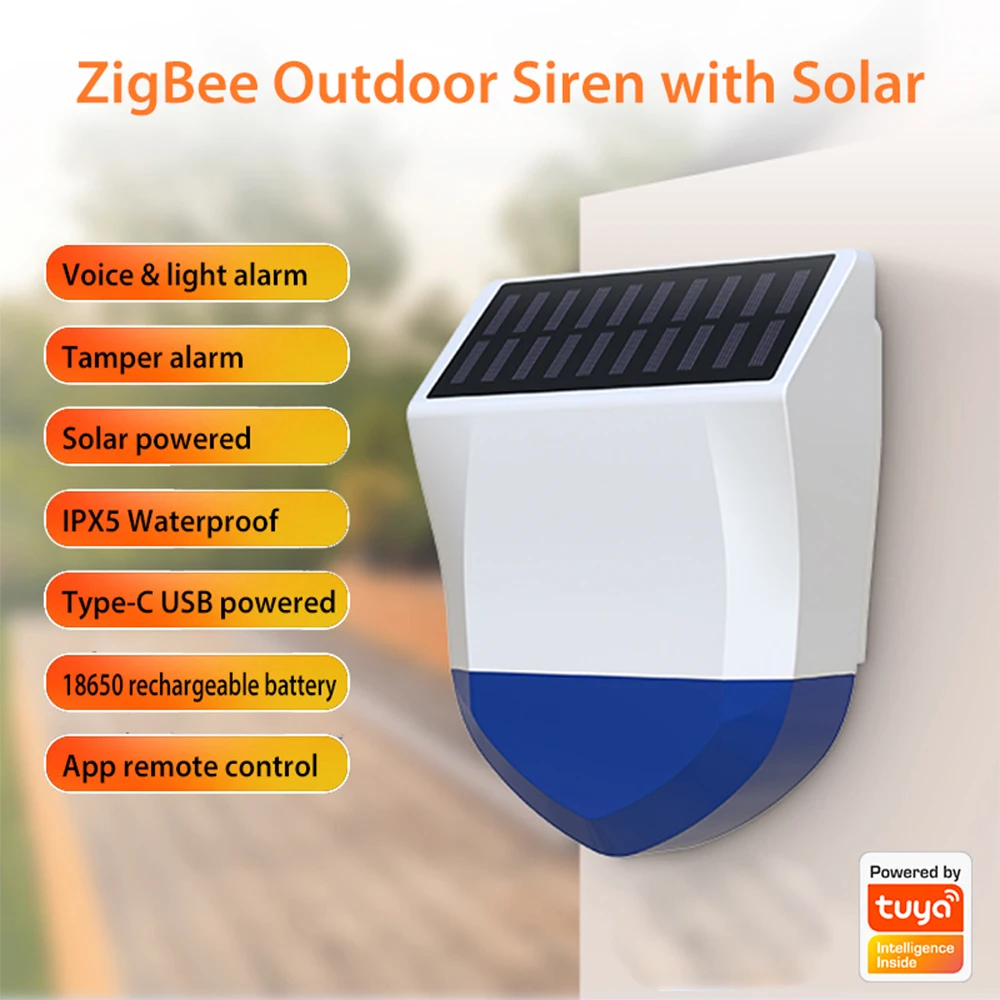 Tuya Smart Zigbee/Wifi Siren Alarm Waterproof Outdoor With Solar And USB Power Supply Optional 95dB Remote Control