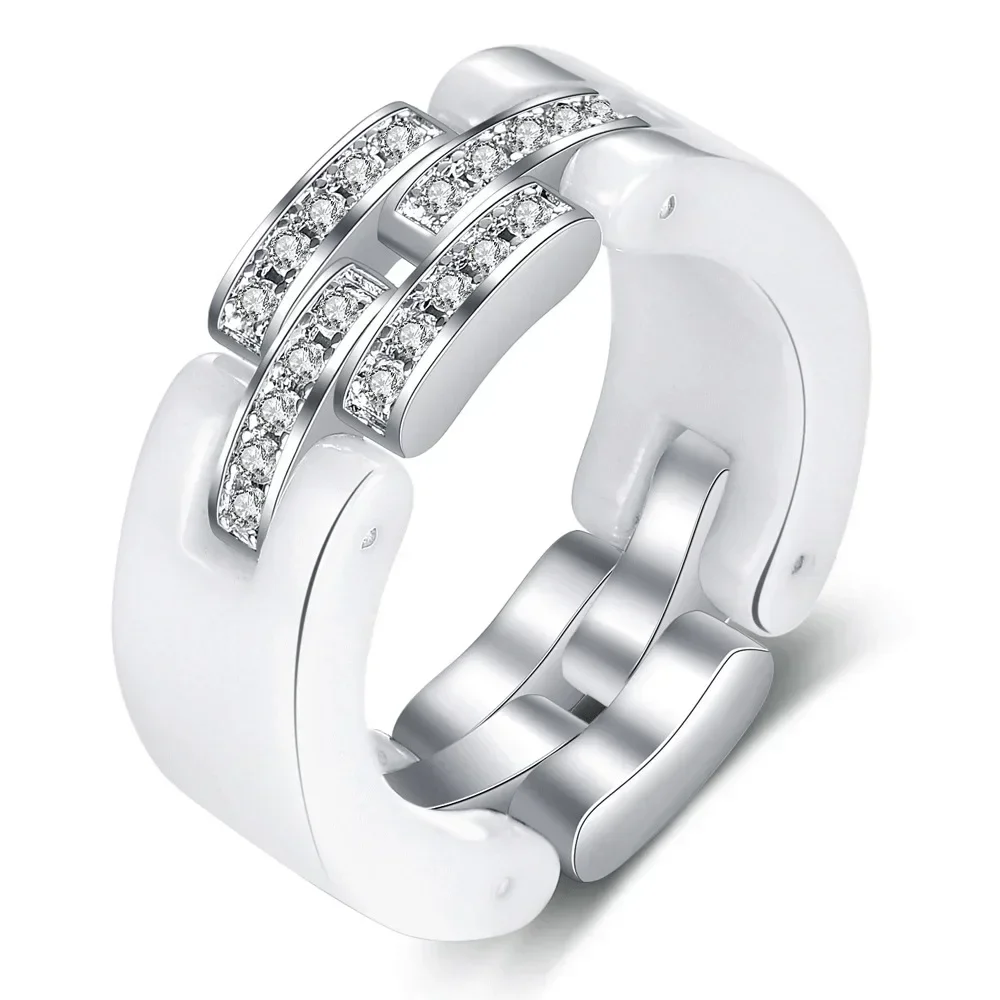 

Fashion Jewelry New Ceramic 8MM Chain Splicing Simple Diamond Inlaid Foldable Stainless Steel Ring for women Man
