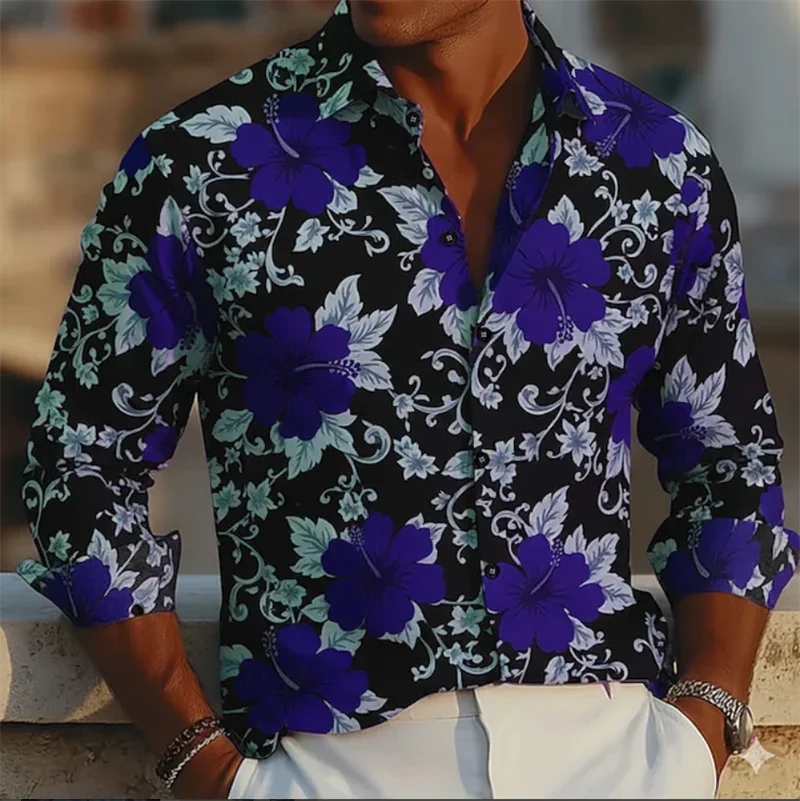 Men's New Impressionist Pattern 3D Printed Ocean Art Flower Pattern Men's Long Sleeved Button Comfortable Lapel Casual Shirt Top