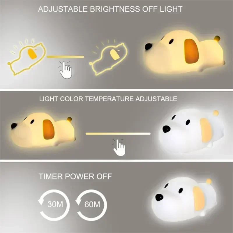 Xiaomi kawaii Puppy Night Light Silicone Touch LED Sleep Lamp 2 Colors USB Rechargeable For Children Room Decor Christmas Gift