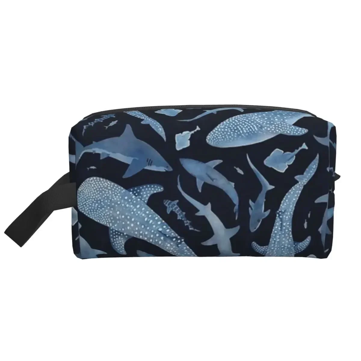 Monochrome Blue Watercolour Shark Ocean On Black Makeup Bag for Women Travel Cosmetic Organizer Storage Toiletry Bags