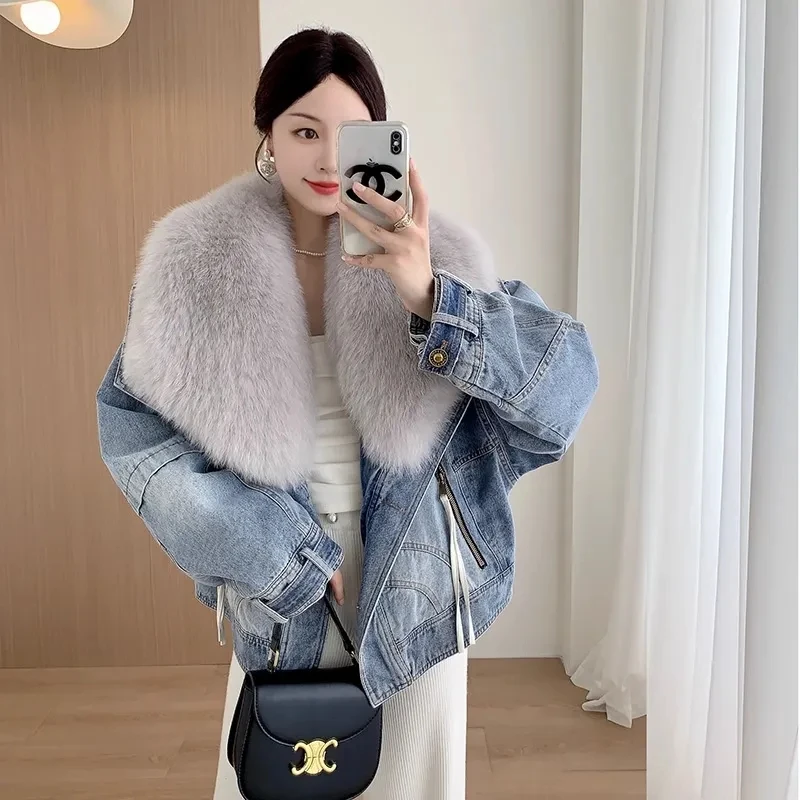 2023 New Winter Imitation Fox Fur Denim Jacket Women\'s Overcoat Fashion Blue Fur Collar Cotton-Padded Jacket Liner Jeans Coat