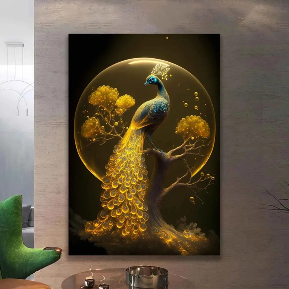 Golden Peacock Tree Canvas Painting Abstract Luxury Artwork Poster and Print Modern Living Room Bedroom Wall Home Pictures Decor