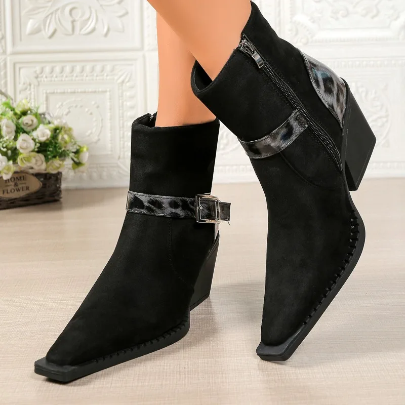 أشار تو النساء أحذية عالية الكعب موضة حزام مشبك Bootie الجانب السوستة ليوبارد طباعة أحذية حجم كبير أحذية امرأة الحديثة جديد