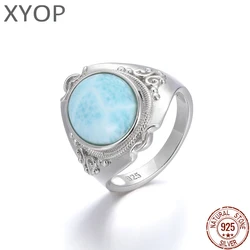 925 Sterling Silver Natural Stones Gemstones Larimar Big Ring Retro Design Classic Simple Female Jewelry for Women Dating
