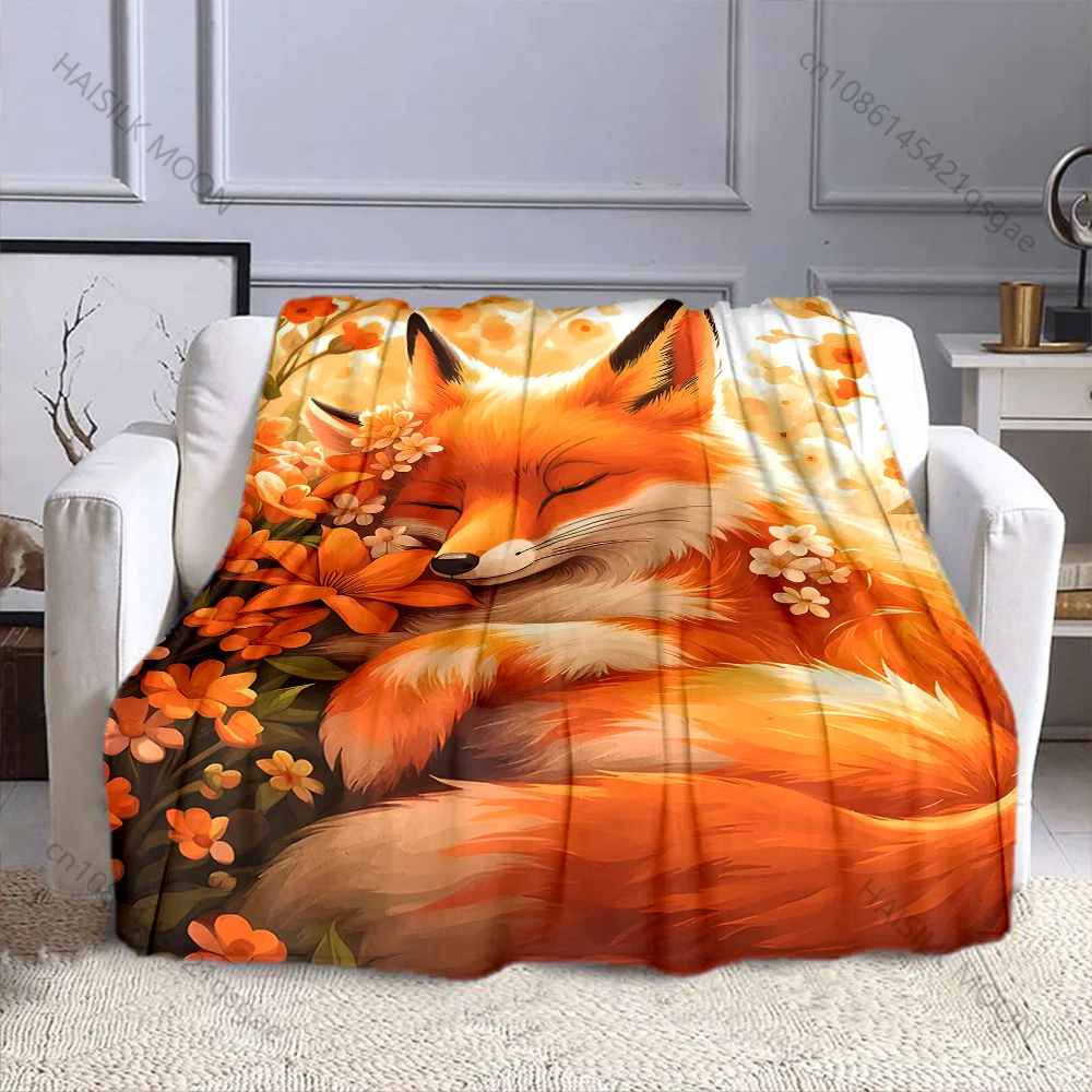 1PC Fox sleeping in orange flowers Print Blanket Flannel Material Soft Warm for All Seasons Home Outdoor Camping Picnics RV