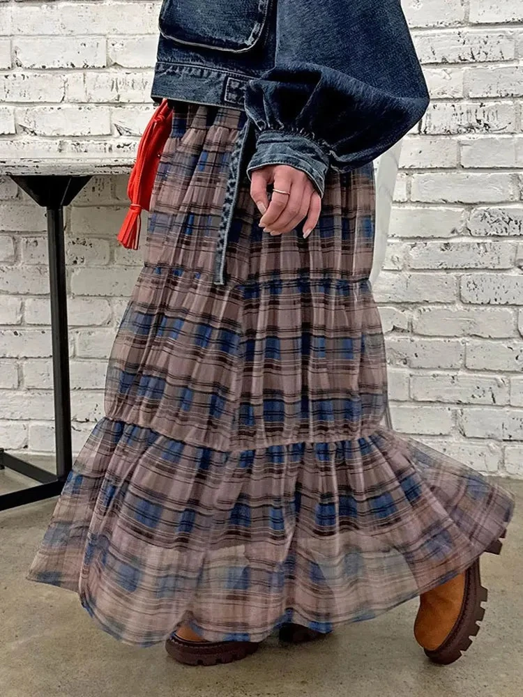 

New Spring and Summer Fashion Elasticity High-waisted Plaid Tulle A-line Long Skirt Sweet Cute Girls' Versatile Bud Maxi Skirts