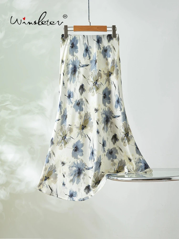 Winsleter-93%Silk 7%Spandex Elegant Skirts, Elastic Waist Floral Print, Women Temperament Trumpet Skirt, 2026 Summer B66941CC