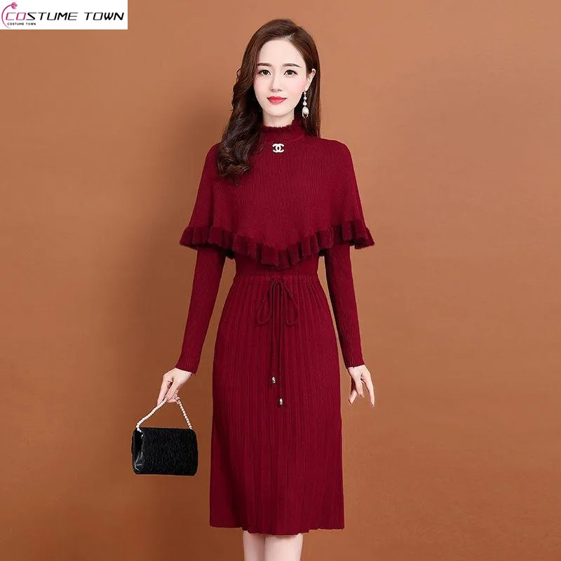 Women's knitted dress 2024 autumn/winter Hong Kong style new temperament mid length versatile cover up+dress