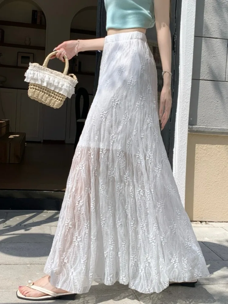 

Kumikumi Lace Paneling Loose Drapey White Half Skirt Women's Summer Age-Defying Long Skirt Korean Style High Waist Fish Tail