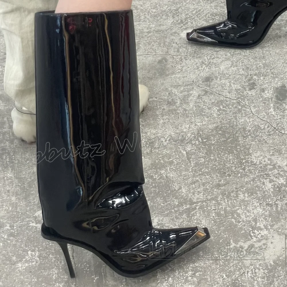 

Knee High Boots Metal Slip-On Elegant Concise Luxury Sexy Pointed Toe Thin Heels Women Shoes Newest Solid Color Genuine Leather