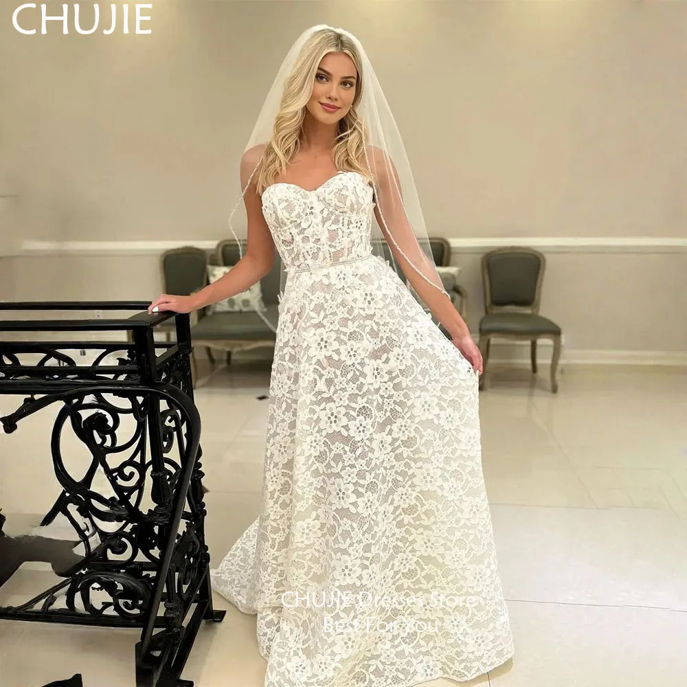

Full Lace Ivory Bridal Gowns A Line Pleat Strapless Wedding Dresses Elegant Woman Customized Bride Dress свадебное платье