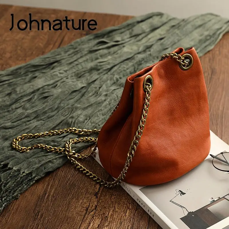 Johnature Simple Women Bucket Bag Genuine Leather 2024 New Vintage Nature Soft Cowhide Chain Shoulder & Crossbody Bags