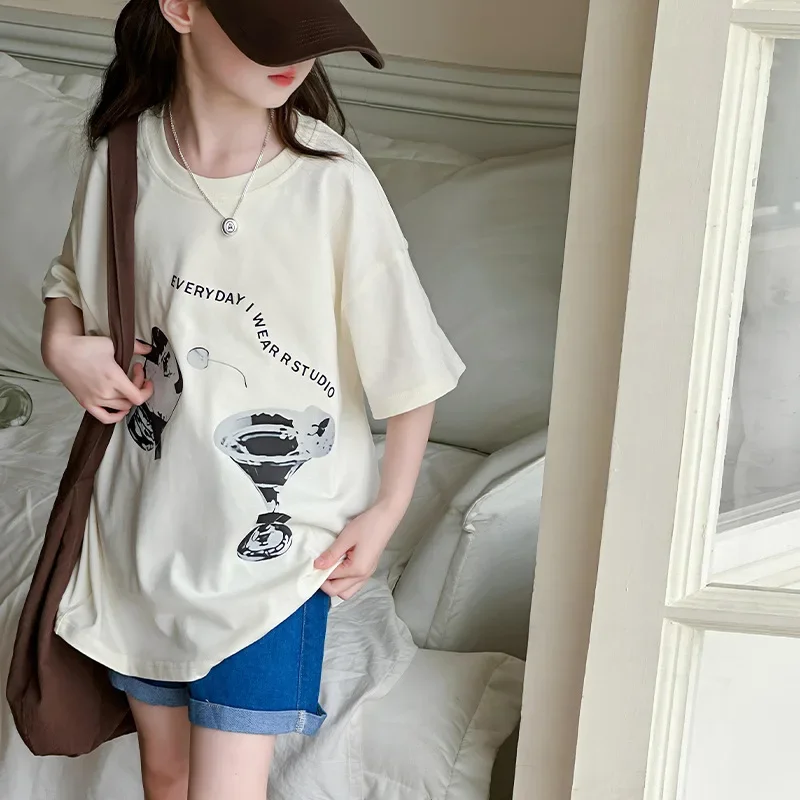 Girls Short Sleeve T-shirt Summer 2024 New CuHK Children Round Neck T-shirt Korean Style Fashion Cotton Printed Top Thin Tee